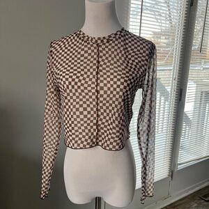 UO checkered mesh long sleeve top